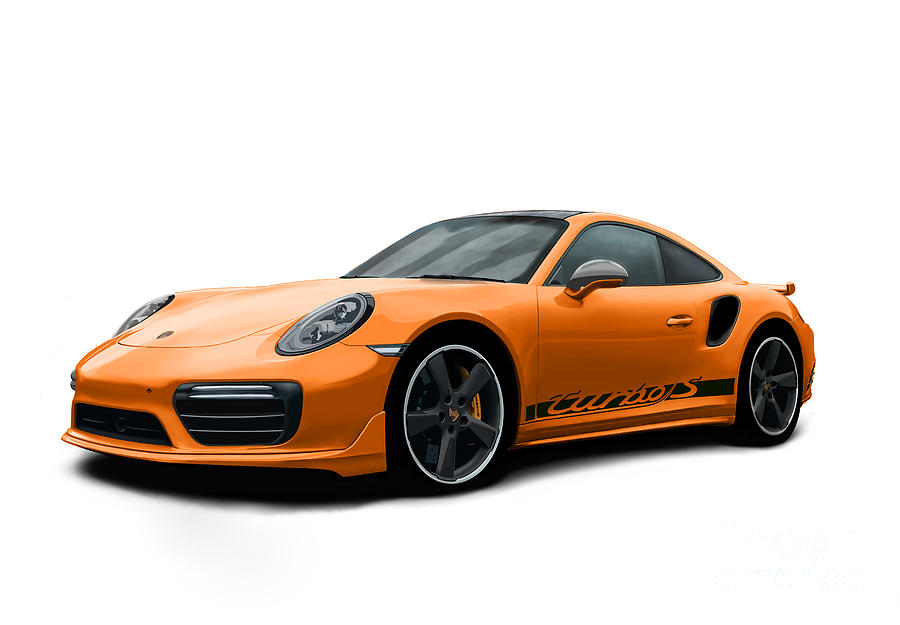 Porsche 911 991 Turbo S Digitally Drawn - Orange with side decals script Digital Art by Moospeed Art