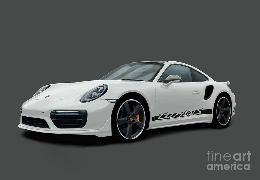 Porsche 911 991 Turbo S Digitally Drawn - White with side decals script Digital Art by Moospeed Art
