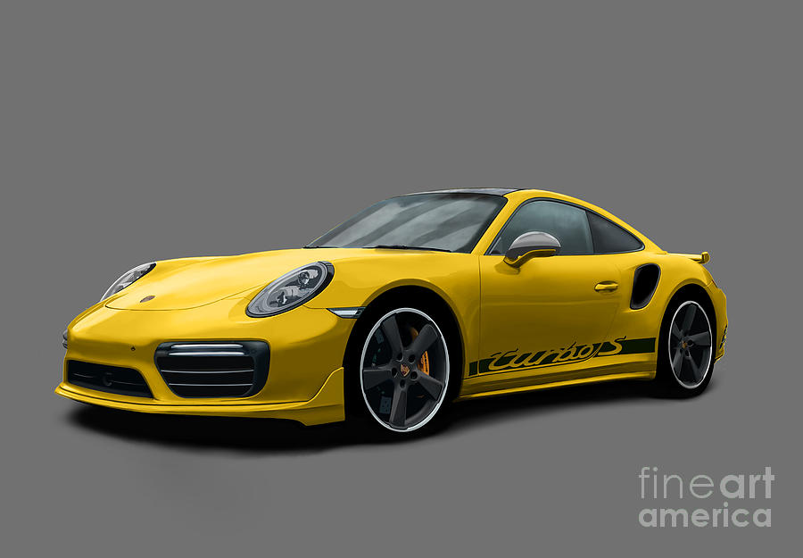 Porsche 911 991 Turbo S Digitally Drawn - Yellow with side decals script  Digital Art by Moospeed Art - Pixels