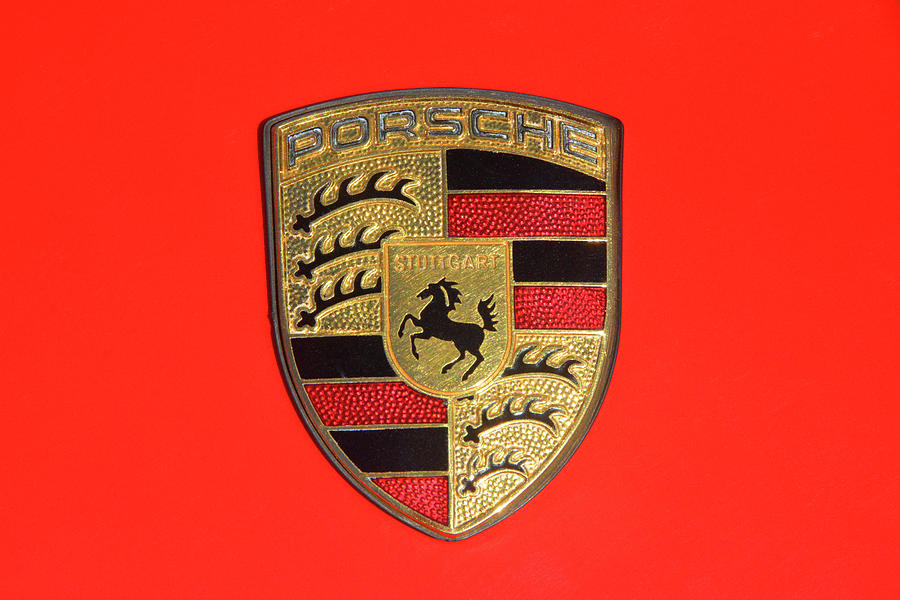 Car Photograph - Porsche 911 Badge on Red by Mike Martin