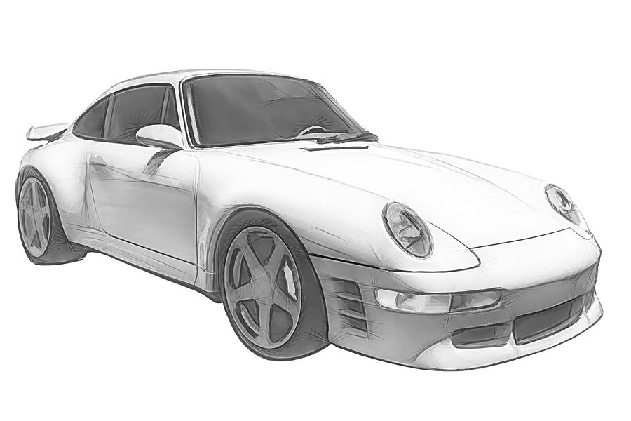 Porsche 911 Black And White Digital Sketch Mixed Media by Rick Deacon