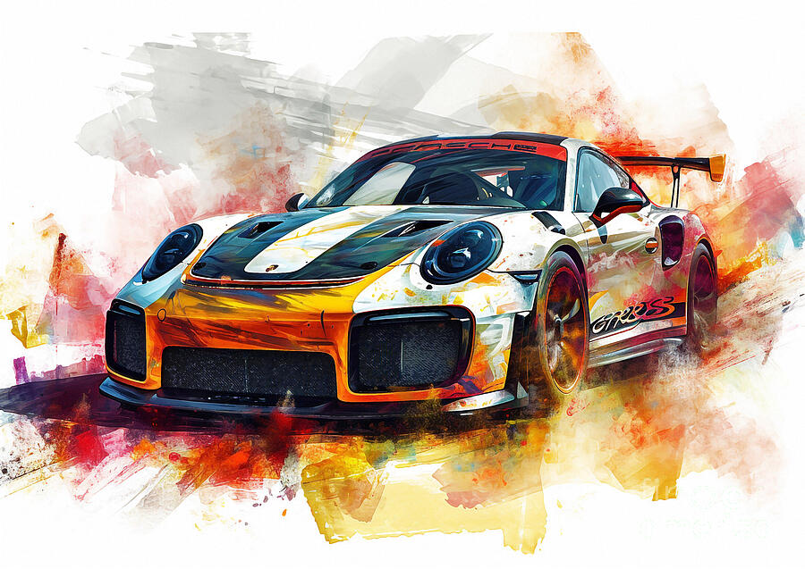 Sports Car Painting - Porsche 911 GT2 RS Weissach Package auto vibrant colors by Clark Leffler