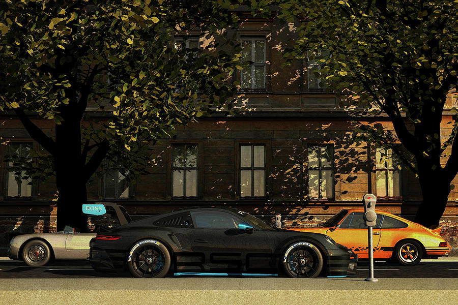 Porsche 911 GT3RS a Porsche 55 and a 911 paked in a street Digital Art by Jan Keteleer