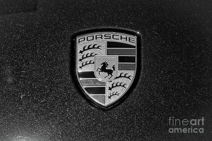 Porsche Hood Emblem Detail Black and White Photograph by Stefano Senise