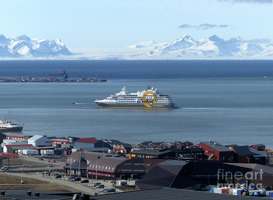 Port area, cruise ship and mountains - Svalbard, Norway Photograph by Phil Banks
