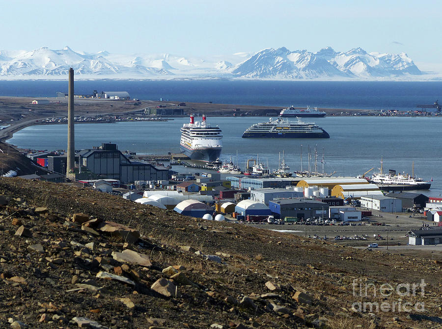 Port, cruise ships and mountains, Longyearbyen, Svalbard Photograph by Phil Banks
