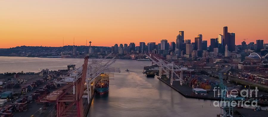 Port Of Seattle And City Skyline At Dusk Photograph