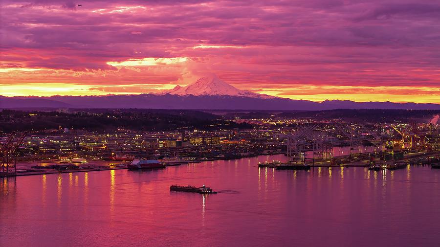 Port of Seattle and Mount Rainier Sunrise Photograph by Mike Reid