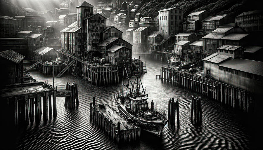 Port side in a small fishing village  Digital Art by Bill Posner