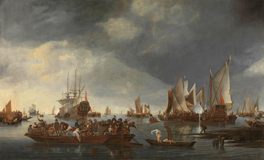 Port with sailships and a ferry Painting by Hendrick Dubbels