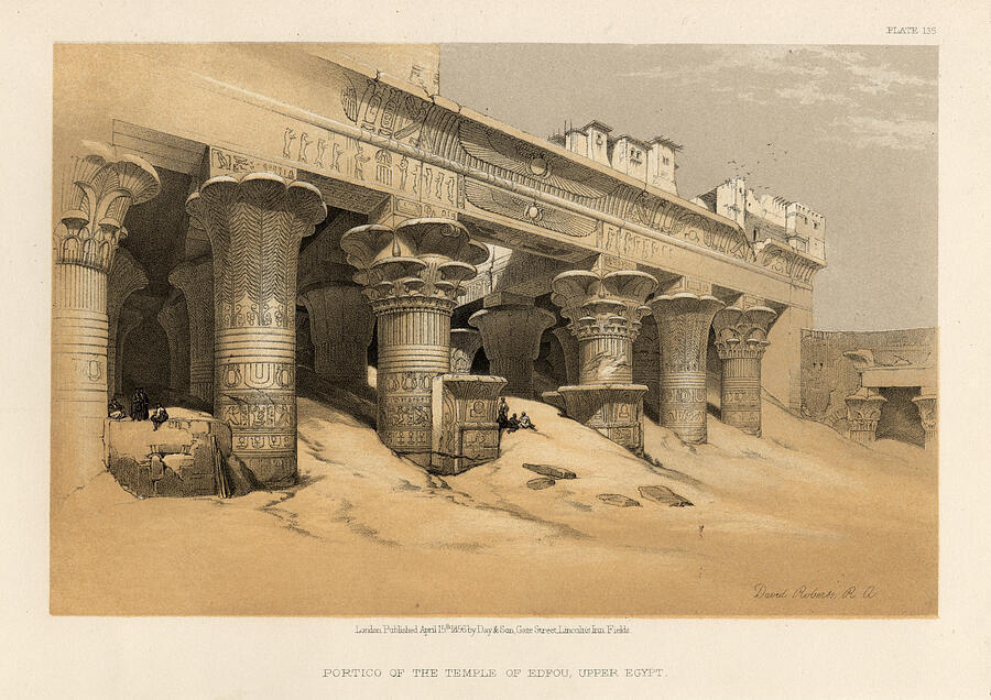 Portico of Temple of Edfu partially buried in desert sand Drawing by Duncan1890
