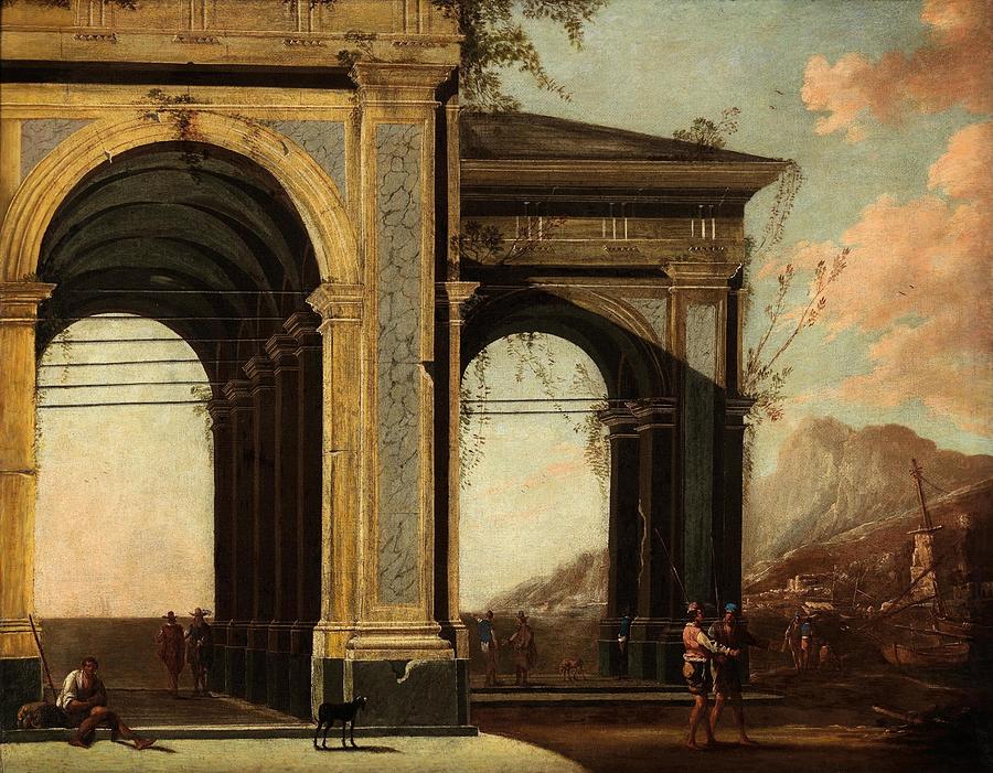 Portico With Loggia By The Sea With Boats And Figures Painting by ...