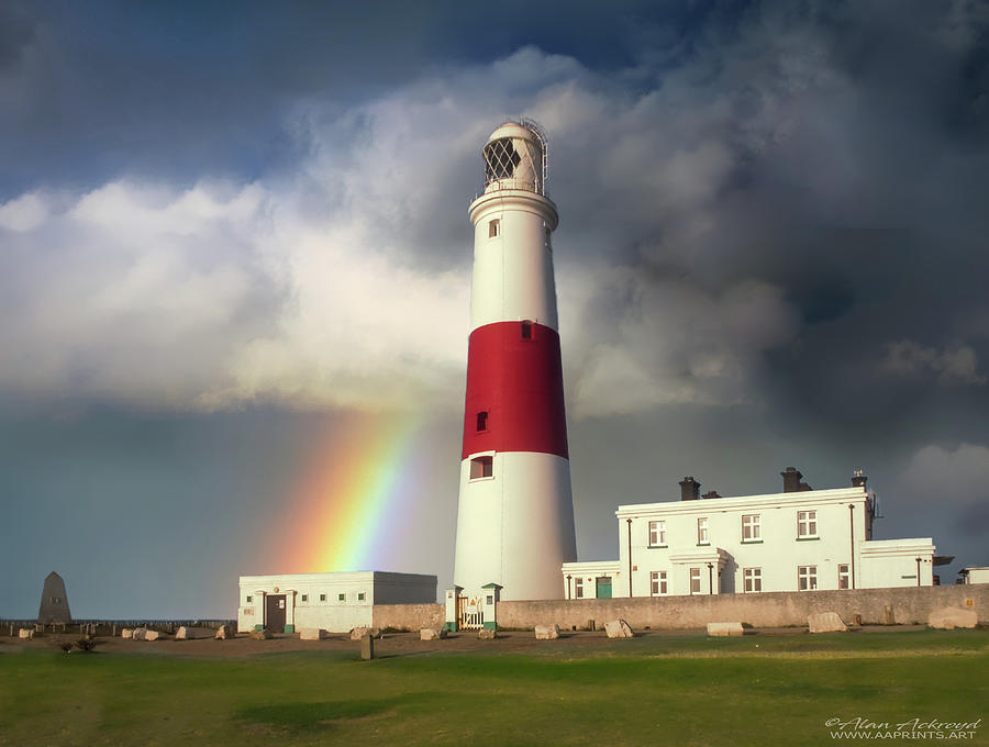 Portland Bill Lighthouse with Storm and Partial Rainbow Photograph by Alan Ackroyd