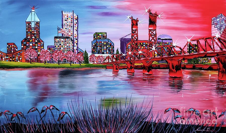 Portland City Lights At Pink Dusk  Painting by James Dunbar