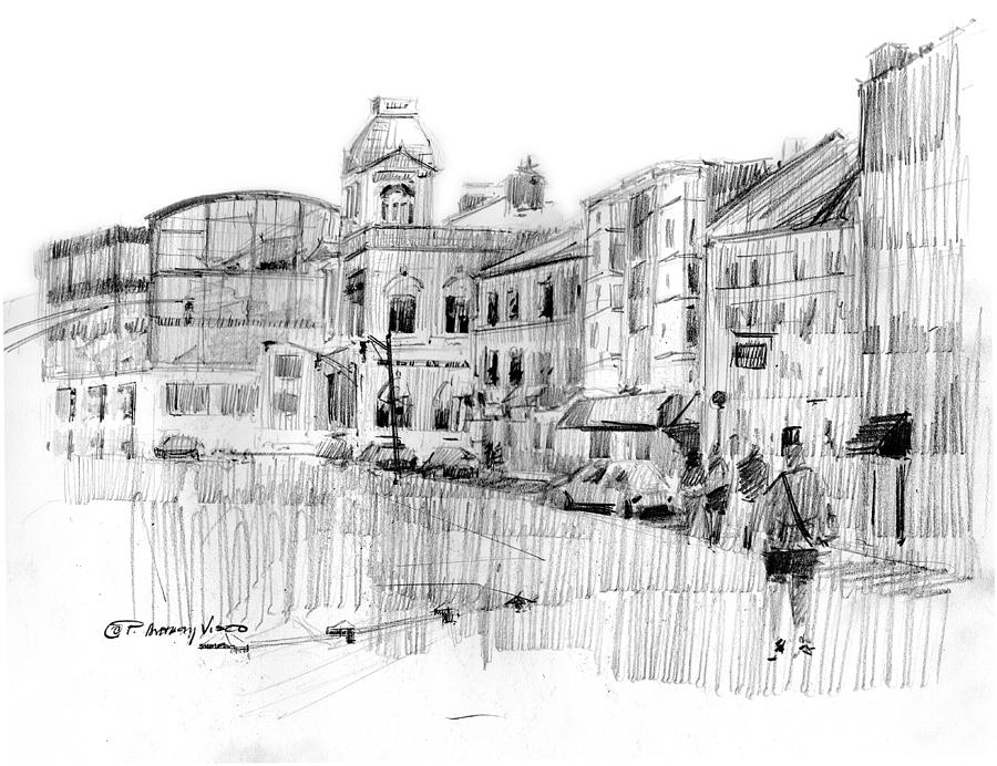 Portland City Square Drawing by P Anthony Visco
