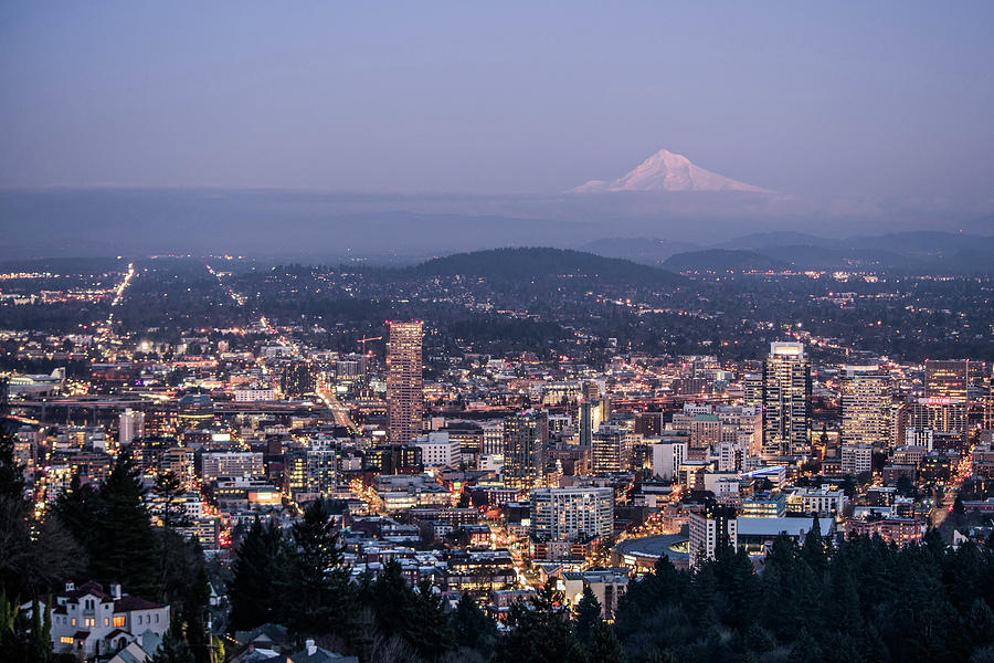 Portland Evening Urban Cityscape with Mt Hood Photograph by Nancy ...