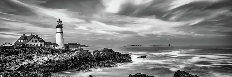 Black And White Photograph - Portland Head Light at Dusk - Black and White Panorama by Gregory Ballos