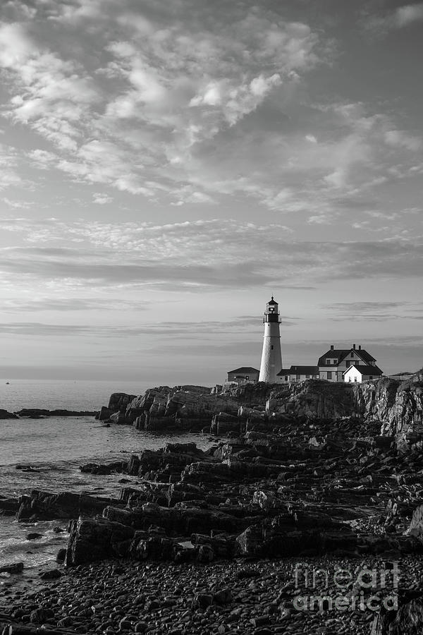 Portland Head Light At Sunrise In Black And White Photograph