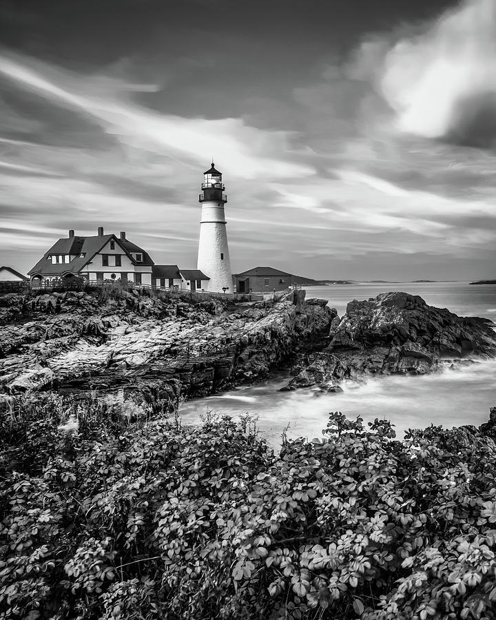 Black And White Photograph - Portland Head Light - BW Monochrome by Gregory Ballos