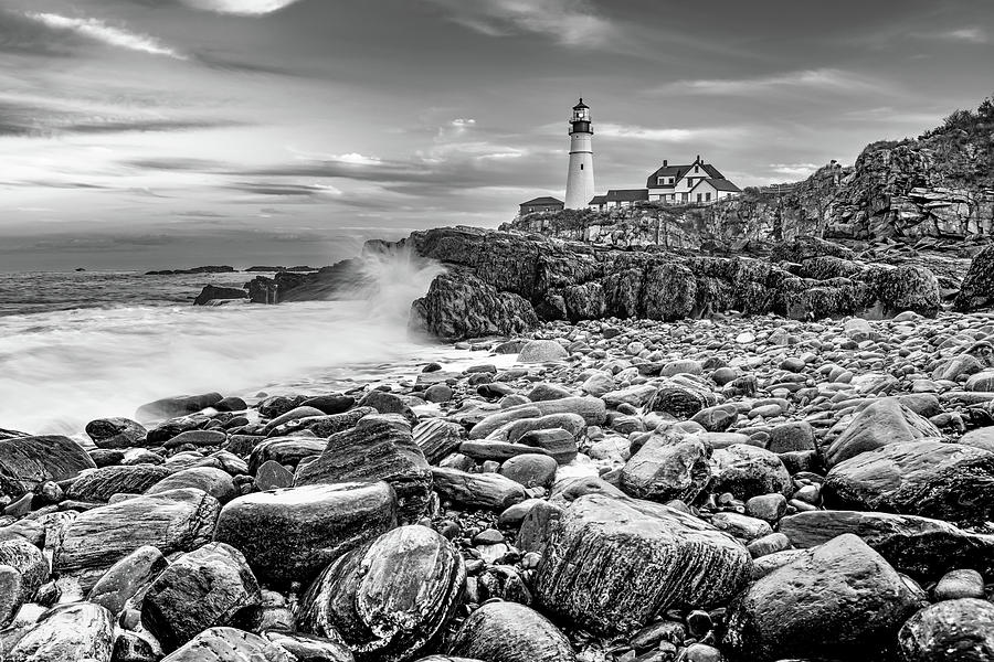 Black And White Photograph - Portland Head Light From the Shoreline - Black and White by Gregory Ballos
