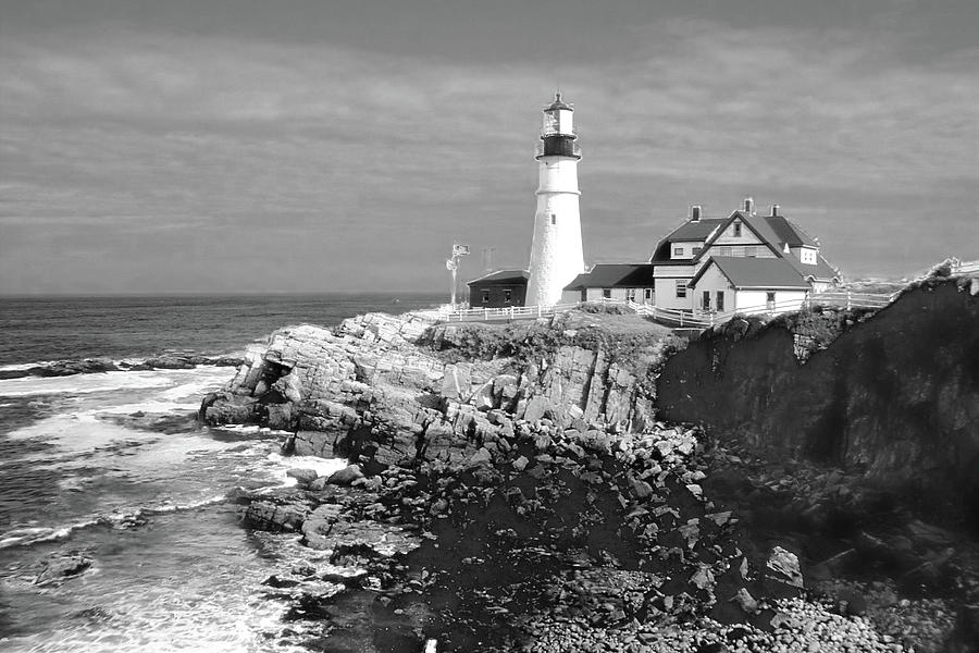 Portland Head Light in Black and White Photograph by Jerry Griffin