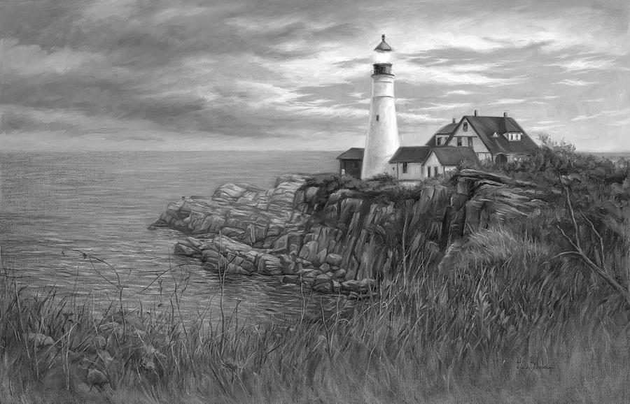 Sunset Painting - Portland Head Light - Black and White by Lucie Bilodeau