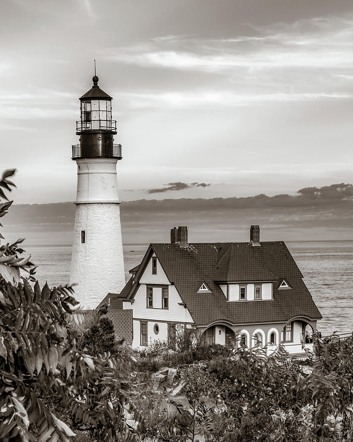 Black And White Photograph - Portland Head Light in Monochrome - Maine Lighthouse Photography by Gregory Ballos