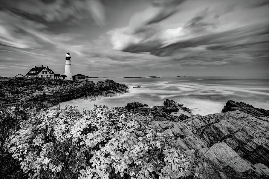 Black And White Photograph - Portland Head Light Infrared Monochrome Sunset - Cape Elizabeth Maine by Gregory Ballos