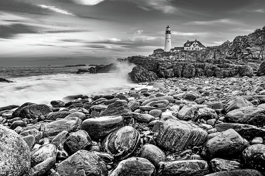 Black And White Photograph - Portland Head Light Landscape in Black and White by Gregory Ballos