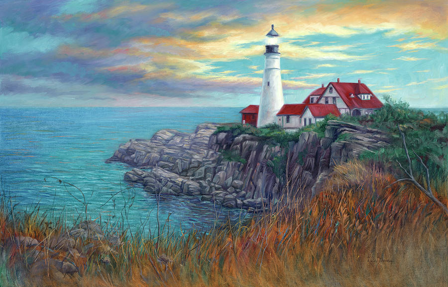 Sunset Painting - Portland Head Light by Lucie Bilodeau