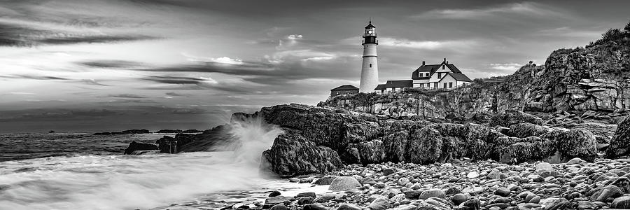 Portland Head Light Maine Landscape Panorama In Black And White Photograph