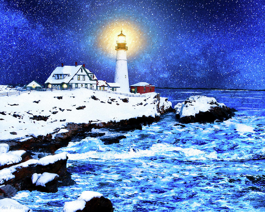 Portland Head Light On A Winter Night Mixed Media by Mark Tisdale