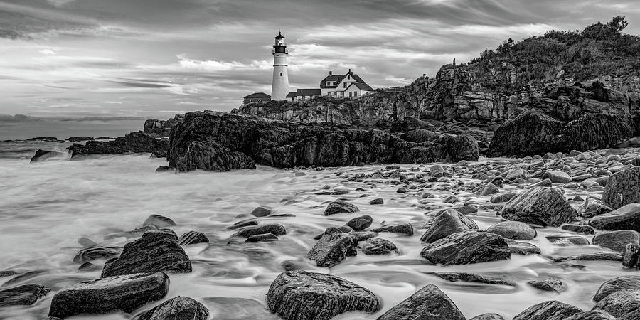 Black And White Photograph - Portland Head Light Rocky Shoreline Panorama in Black and White by Gregory Ballos