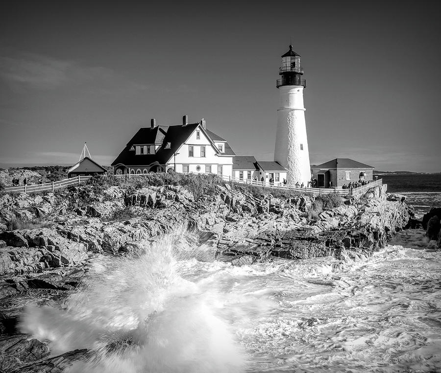 Portland Head Light Waves Black And White Photograph by Dan Sproul