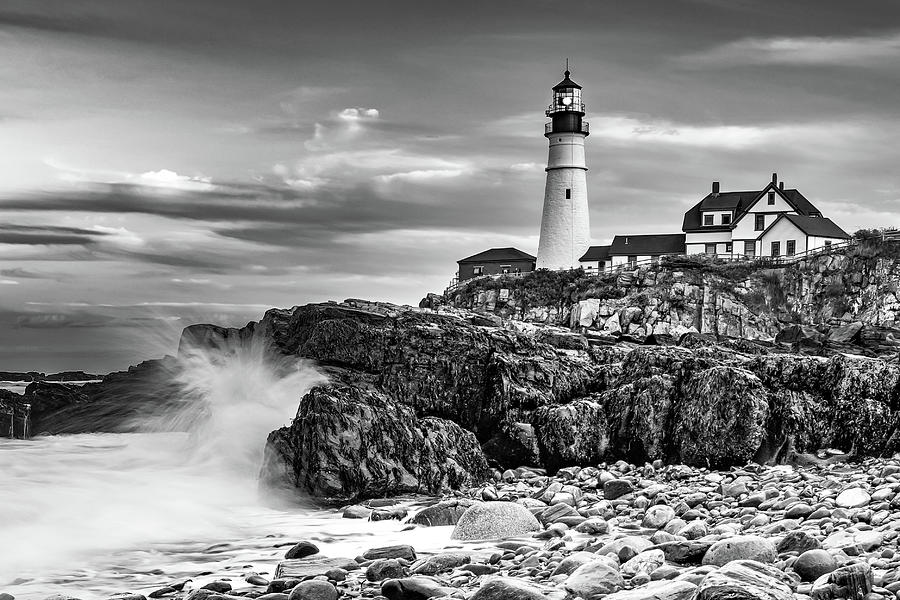 Black And White Photograph - Portland Head Lighthouse At Sunset With Crashing Waves - Black and White by Gregory Ballos