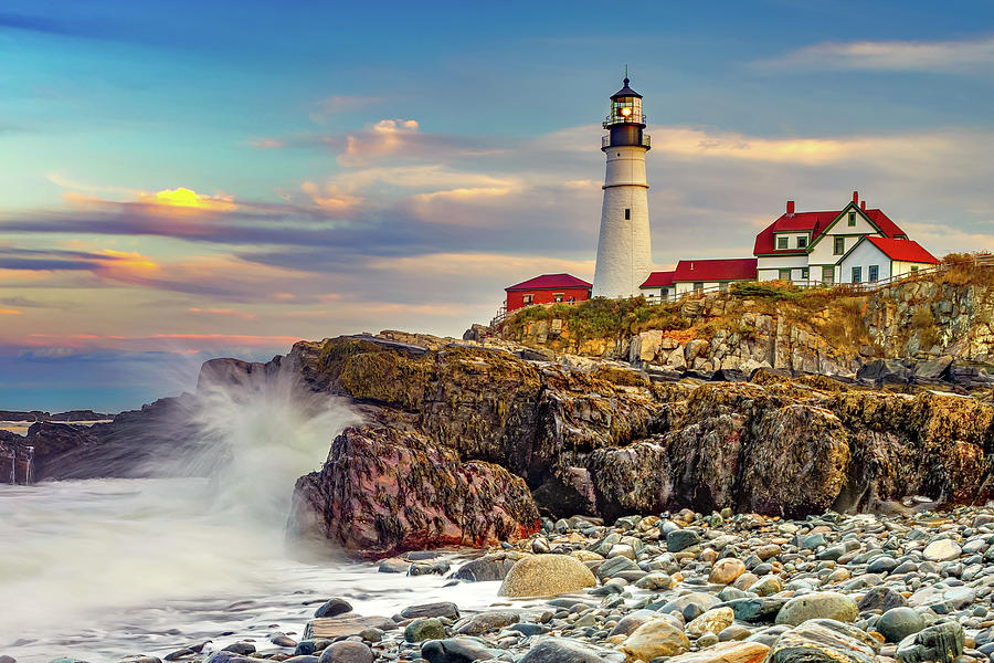 Portland Head Light Photograph - Portland Head Lighthouse At Sunset With Crashing Waves by Gregory Ballos