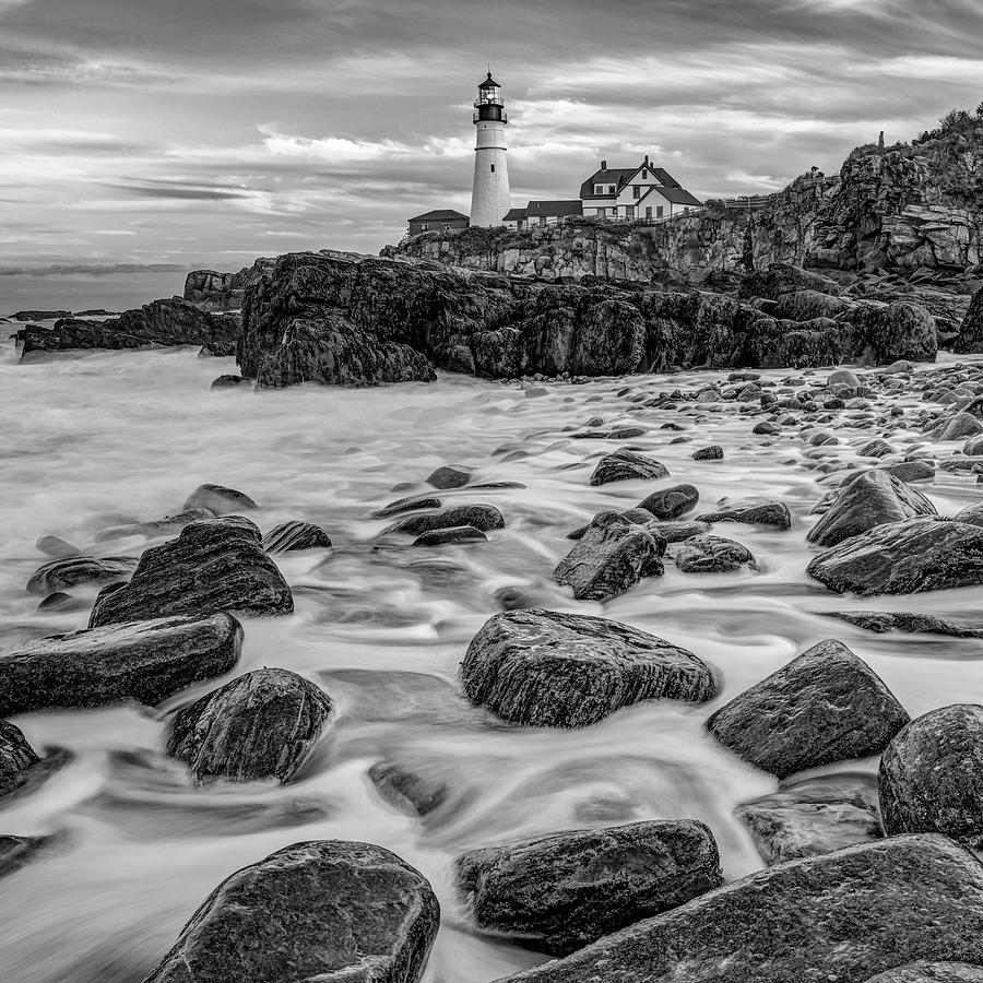 Black And White Photograph - Portland Head Lighthouse Maine Seascape - Black and White 1x1 by Gregory Ballos