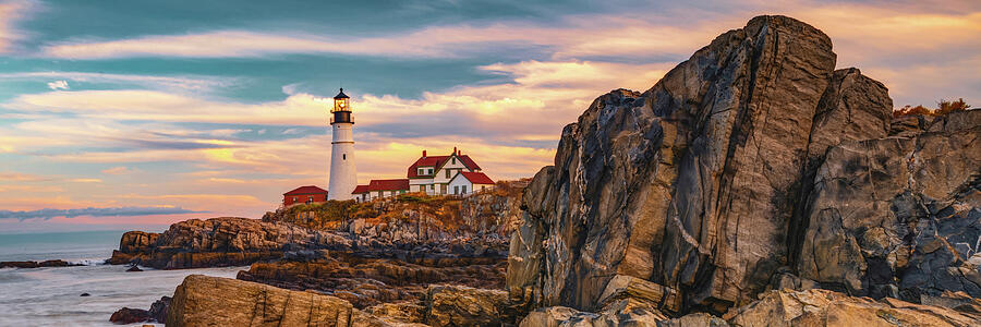 Portland Maine Photograph - Portland Head Lighthouse Panorama and Coastal Landscape by Gregory Ballos
