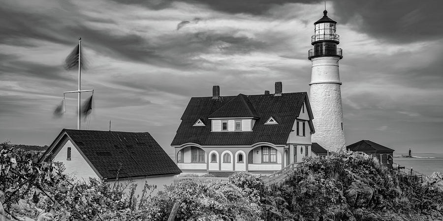 Black And White Photograph - Portland Head Lighthouse Sunset Panorama in Black and White by Gregory Ballos