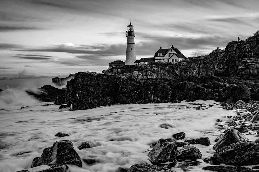 Portland Head Lighthouse With Crashing Waves - Black and White Photograph by Gregory Ballos