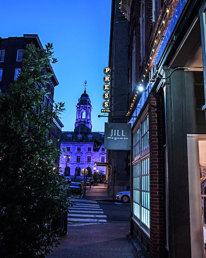 Portland Maine City Hall and Press Hotel from Exchange Street at Dusk Photograph by Toby McGuire