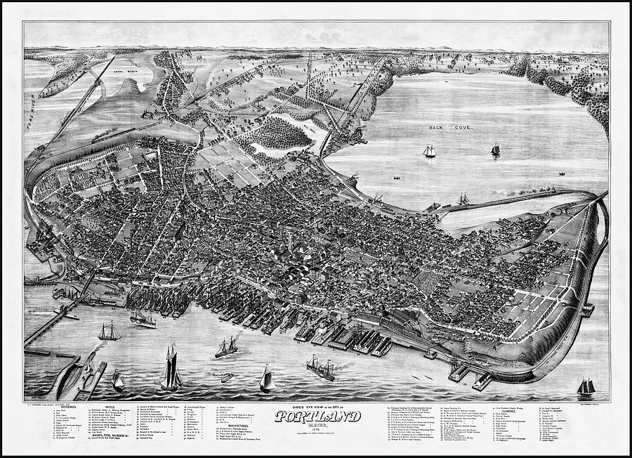 Portland Maine Vintage Map Birds Eye View 1876 Black and White  Photograph by Carol Japp