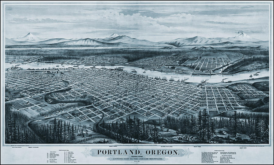 Portland Oregon Vintage Map Birds Eye View 1879 Blue  Photograph by Carol Japp