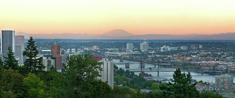 Portland Skyline along Willamette River Sunset Panorama Photograph by David Gn
