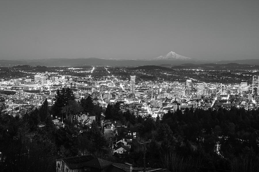 Portland skyline at night in black and white Photograph by Aashish Vaidya