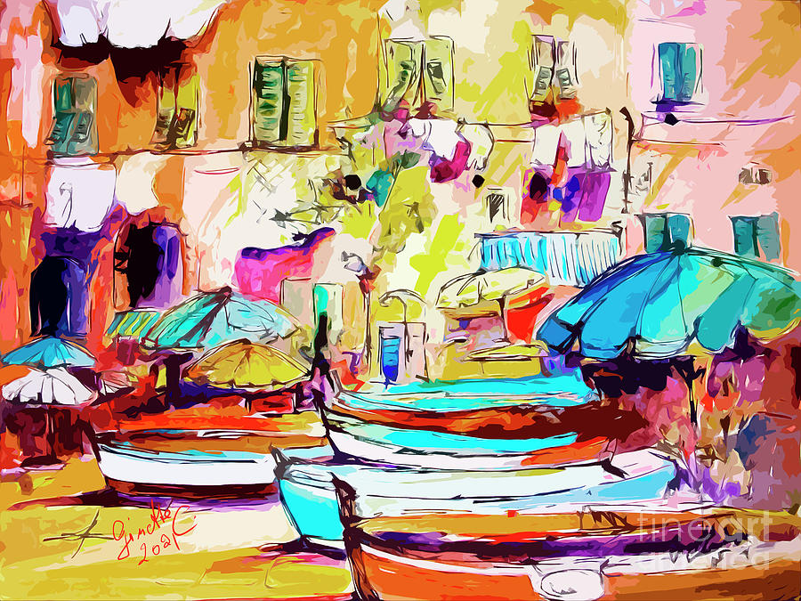 Portofino Italy Street Summer Vibe Boats  Mixed Media by Ginette Callaway