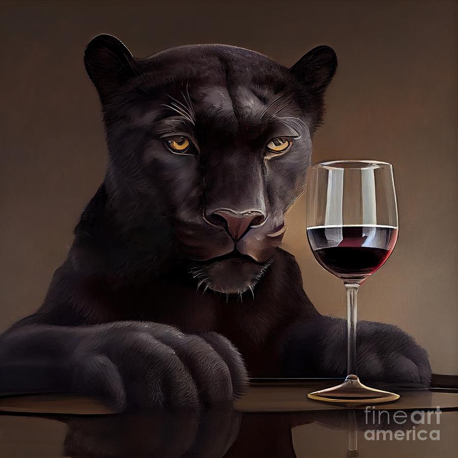 Nature Painting - Portrait For A Black Panther Having Drink by N Akkash