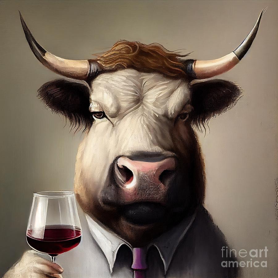 Wildlife Painting - Portrait For Bull Having Drink  by N Akkash
