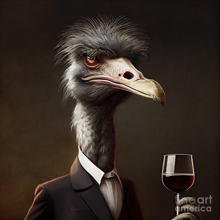 Ostrich Painting - Portrait For Ostrich Having Drink by N Akkash