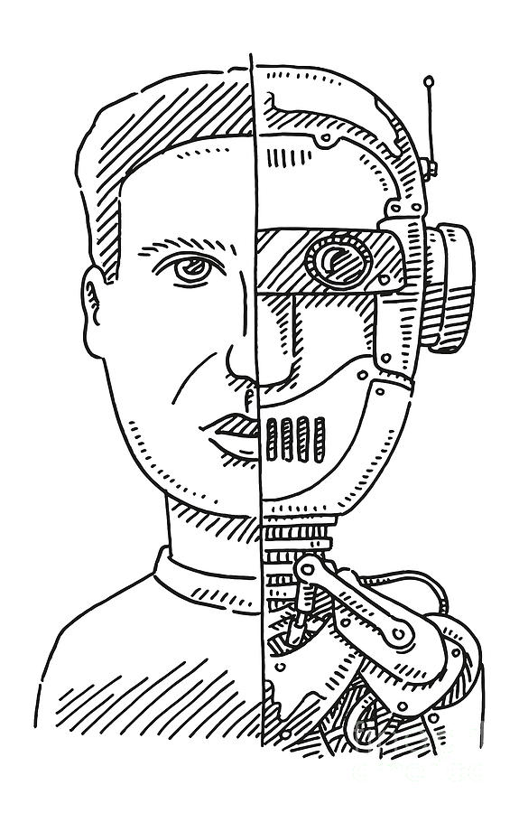 Portrait Half Human Half Robot Drawing Drawing by Frank Ramspott - Fine ...